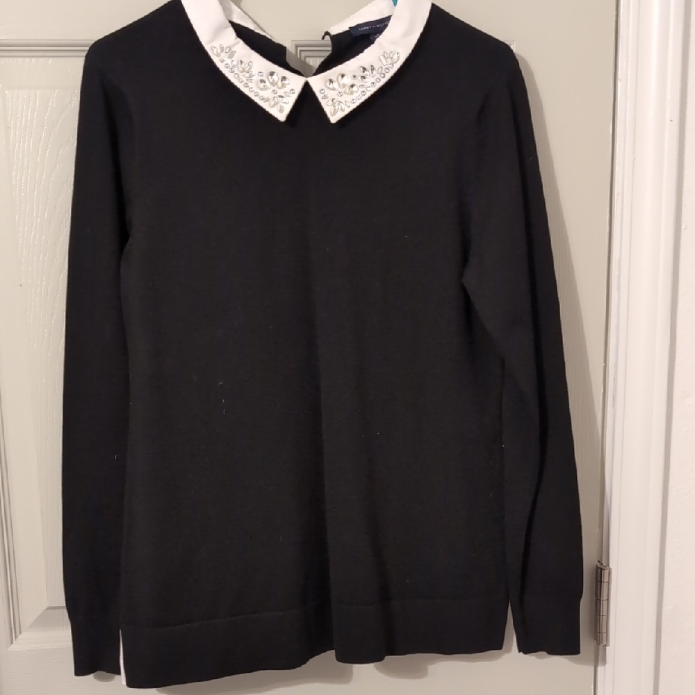 Tommy Hilfiger Black Sweater with Embellished White Collar